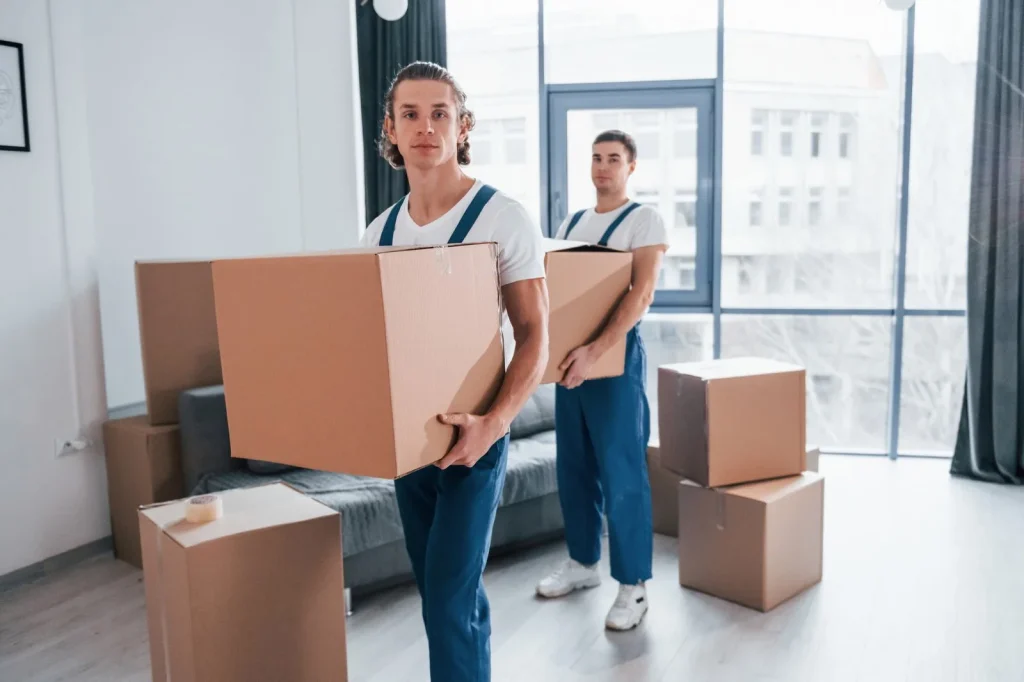 Zwei Umzugshelfer tragen Kartons durch eine helle Wohnung